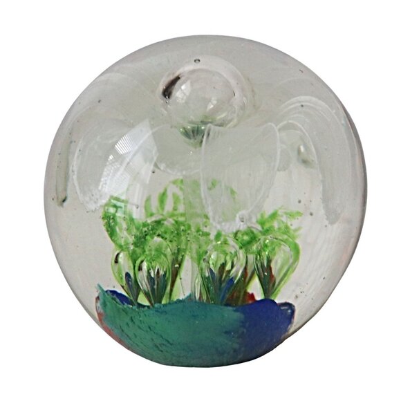 Handblown Art Glass Paperweight With White Flower Design & Multicolor Base - Picture 4 of 7